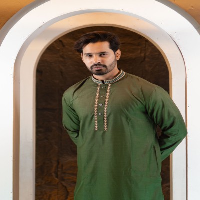 Premium Embroidered Cotton Panjabi – Forest Green