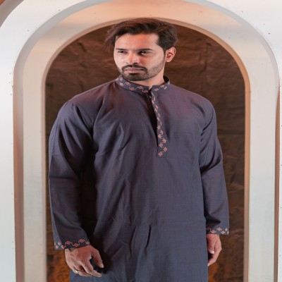 Elegant Embroidered Panjabi – Midnight Grey