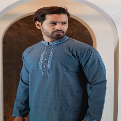 Premium Jacquard Embroidered Panjabi – Steel Blue