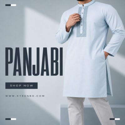 Premium Solid Cotton Panjabi - Ice Blue